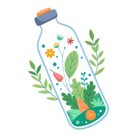 Eco Bottle with Flora and Plants - Sustainable Living Illustration Conceptのイラスト素材