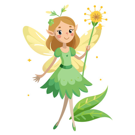 Cute Spring Fairy with Flower Wand: Vector Cartoon Illustration Designのイラスト素材