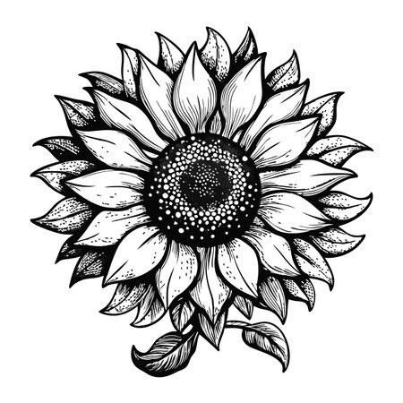 Black and White Sunflower Illustration: Detailed Botanical Drawing for Print and Designのイラスト素材