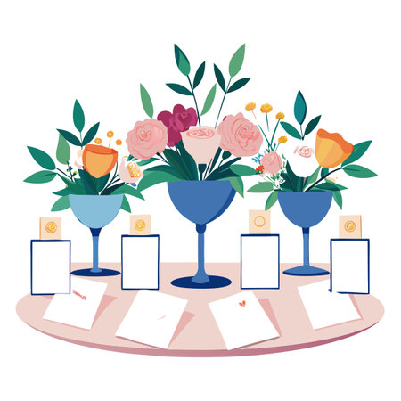 Stylized Table Setting with Floral Arrangements and Blank Cards Illustrationのイラスト素材