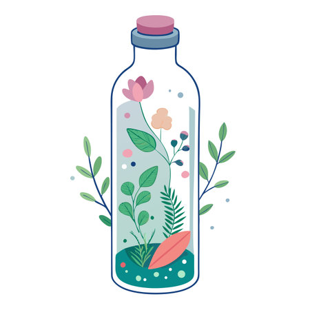 Botanical Terrarium Illustration with Flowers and Leaves in Glass Bottleのイラスト素材