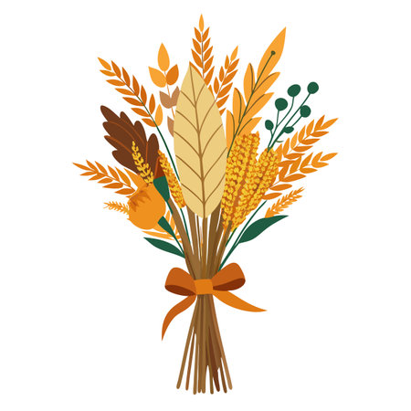 Autumnal Bouquet Illustration with Ribbon, Wheat and Foliage on White Backgroundのイラスト素材