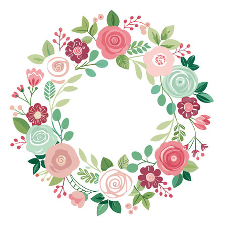 Floral Wreath Illustration: Delicate Roses and Leaves for Spring and Summer Designsのイラスト素材