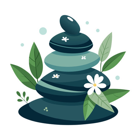 Stacked Stones with White Flowers and Green Leaves Illustrationのイラスト素材