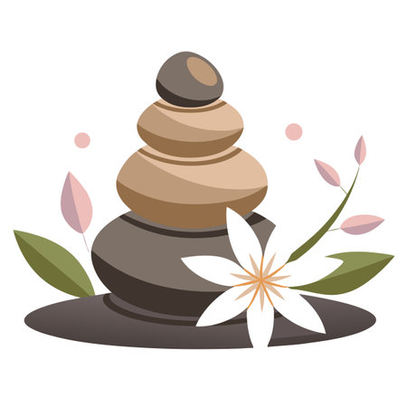 Zen stone balance with flower, nature illustration for wellness and relaxation conceptのイラスト素材