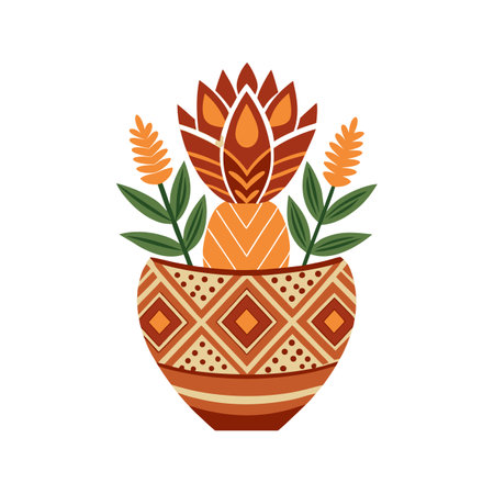 Colorful floral arrangement with decorative pot and pattern illustration on whiteのイラスト素材