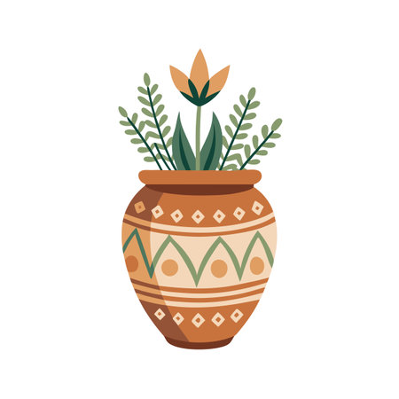 Decorative Vase with Floral Arrangement, Boho Style Illustration, Isolated on Whiteのイラスト素材
