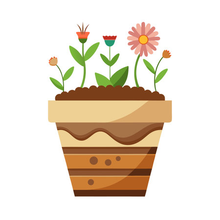 Flowers in a Pot: Cute Cartoon Style Illustration of Blooming Plantsのイラスト素材