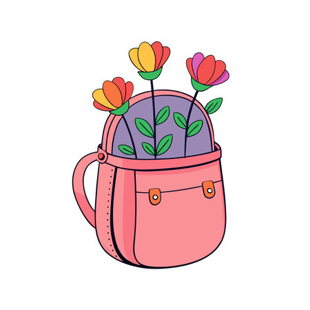 Cute Pink Bag with Colorful Flowers Cartoon Illustration, Nature and Fashionのイラスト素材