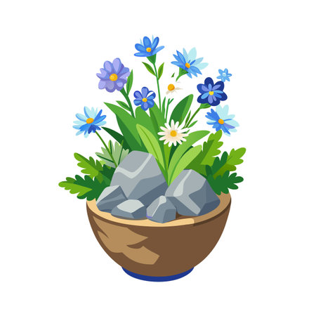 Blue and White Flowers with Rocks in Brown Pot Vector Illustrationのイラスト素材