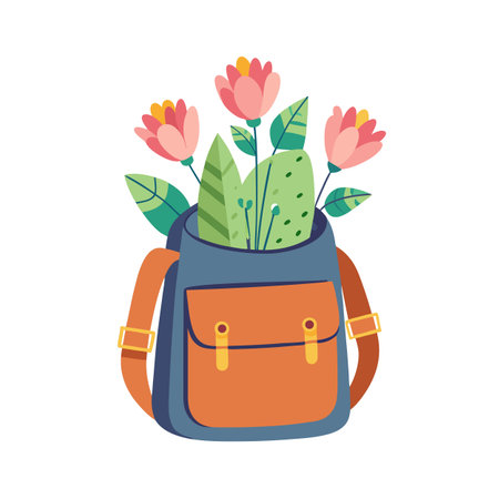 Retro Backpack Filled with Flowers and Plants - Cute Illustrationのイラスト素材