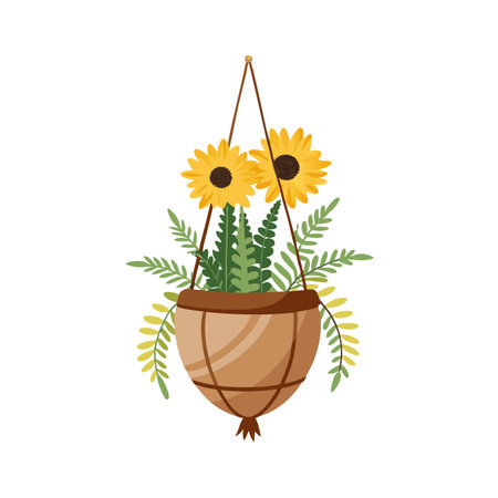 Hanging Basket with Sunflowers and Ferns Illustration for Spring Decorのイラスト素材