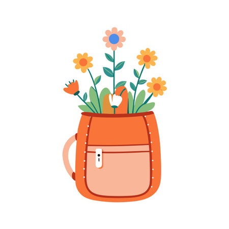 Orange backpack with flowers vector illustration for summer designs and backgroundsのイラスト素材