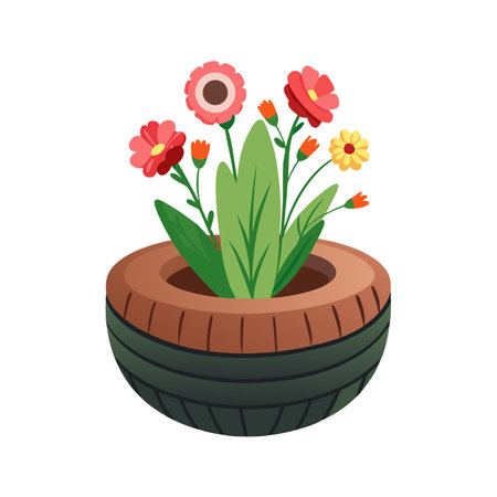 Recycled Tire Planter with Colorful Flowers Illustration for Gardening and Sustainabilityのイラスト素材