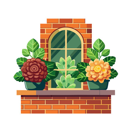 Window with Flowers: Illustration of Brick Wall, Window and Flower Potsのイラスト素材