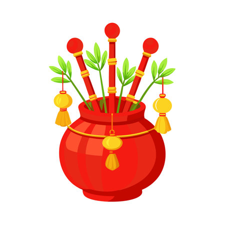 Prosperity Bamboo in Red Vase with Tassels - Chinese New Year Decorationのイラスト素材