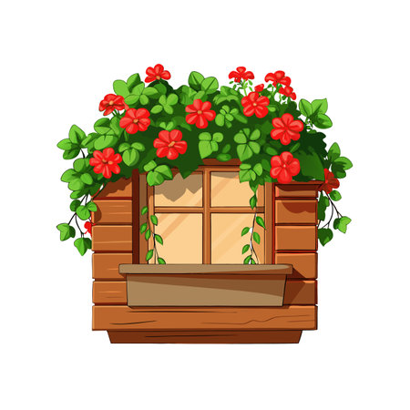 Window Box with Red Geraniums: Illustration of Summer Flowers on a Windowのイラスト素材
