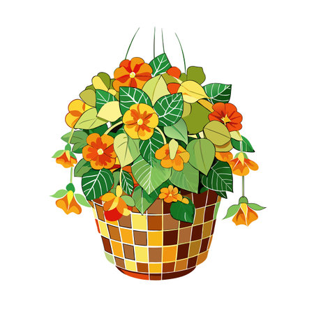 Hanging Basket with Orange Flowers and Green Leaves Vector Illustrationのイラスト素材