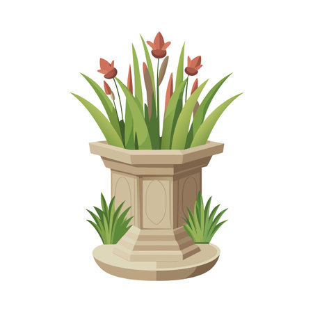 Flower pot with red flowers and grass in minimalist vector illustrationのイラスト素材