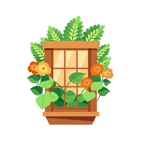 Charming Window Box with Orange Flowers and Lush Green Leaves Illustrationのイラスト素材