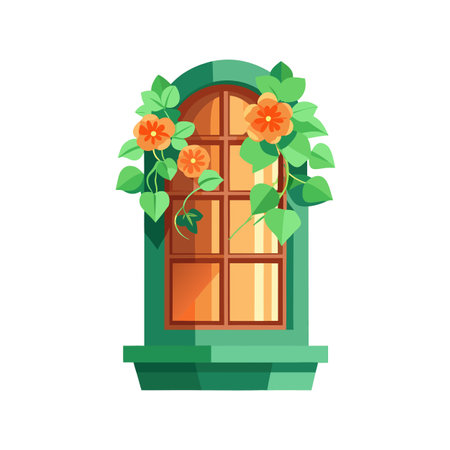 Window with Flowers, Green Frame and Orange Flowers, Vector Illustrationのイラスト素材