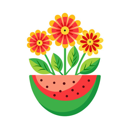 Flowers in Watermelon Pot Vector Illustration, Floral Design, Summer Decorのイラスト素材