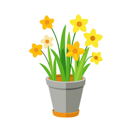 Cartoon Daffodils in a Pot - Spring Flowers and Greenery Illustrationのイラスト素材