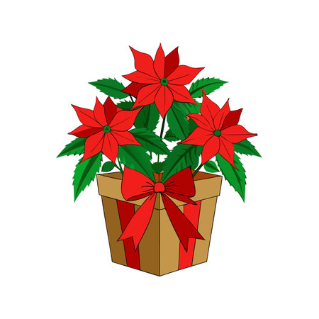 Poinsettia Plant in Pot with Ribbon, Christmas Flower Illustrationのイラスト素材