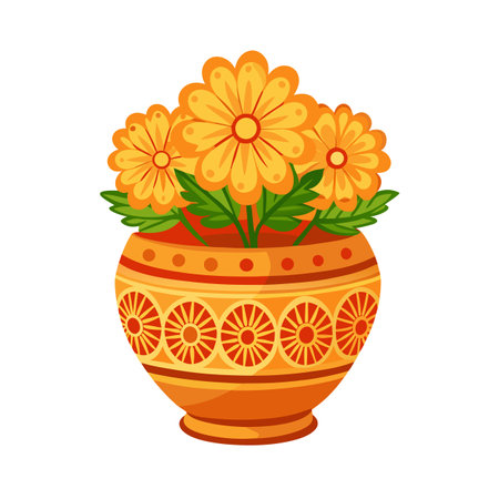 Stylized Orange Flowers in Decorative Vase Illustration on White Backgroundのイラスト素材