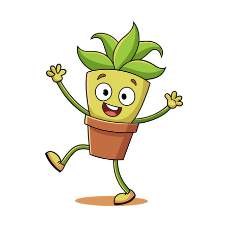 Happy Potted Plant Cartoon Character with Arms, Legs, and Smiling Faceのイラスト素材