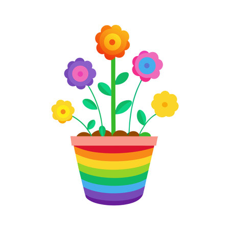 Colorful Flowers in a Rainbow Pot: Vector Illustration for Springtimeのイラスト素材
