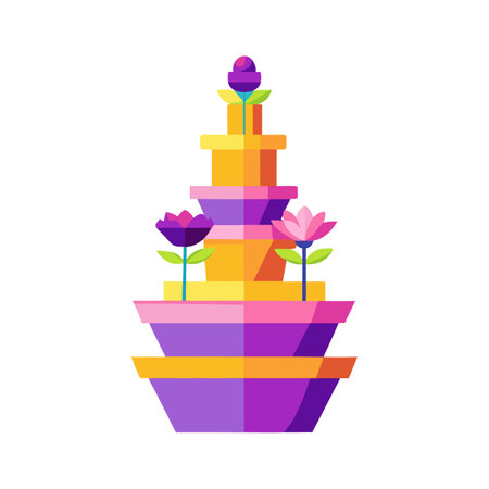 Colorful Tiered Fountain with Flowers Illustration, Garden Decor and Artistic Iconのイラスト素材