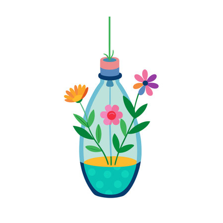 Upcycled Plastic Bottle Hanging Planter with Colorful Flowers Illustrationのイラスト素材