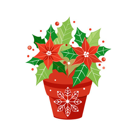 Poinsettia Flower in Pot: Christmas Floral Arrangement Illustration for Holiday Seasonのイラスト素材