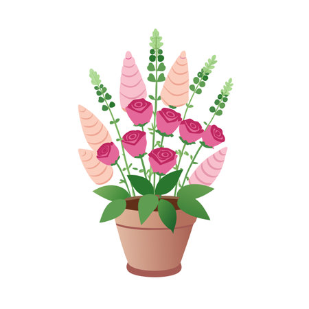 Elegant Rose Bouquet in Brown Pot: Floral Arrangement, Vector Illustrationのイラスト素材