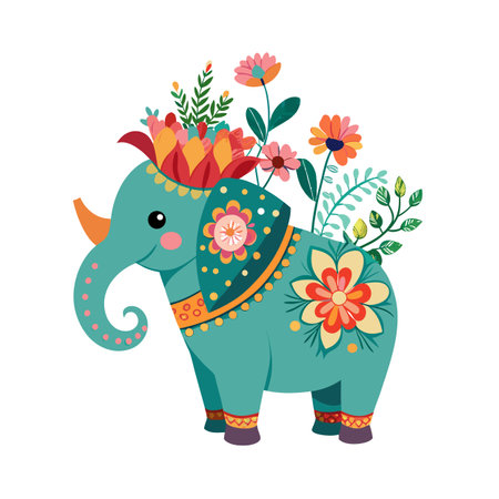 Floral Elephant Illustration: Cute Indian Elephant Adorned with Flowers and Botanical Accentsのイラスト素材