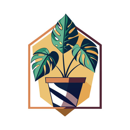 Monstera Plant in Striped Pot with Hexagon Backdrop: Modern Botanical Illustrationのイラスト素材