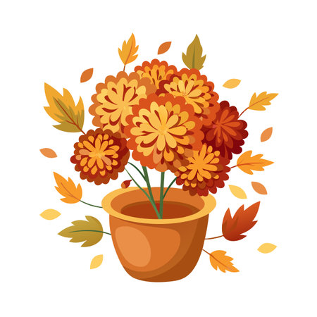 Autumn Flowers in Pot: Fall Floral Arrangement with Leavesのイラスト素材