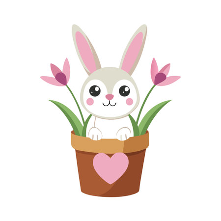Cute Easter Bunny in a Flower Pot with Pink Tulips Illustrationのイラスト素材