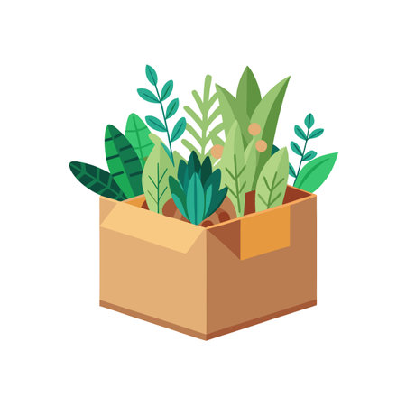 Plants in a Box: Cute Illustration of Greenery in Cardboardのイラスト素材