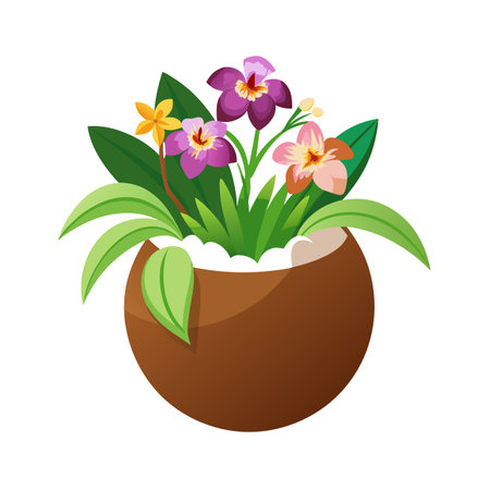 Tropical Flowers in a Coconut Pot, Orchid Illustration for Decorationのイラスト素材