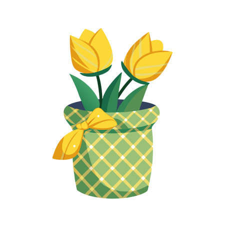 Charming Yellow Tulips in Plaid Pot with Ribbon - Vector Illustrationのイラスト素材