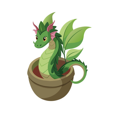 Whimsical Green Dragon in a Pot, Cartoon Illustration, Fantasy Creatureのイラスト素材