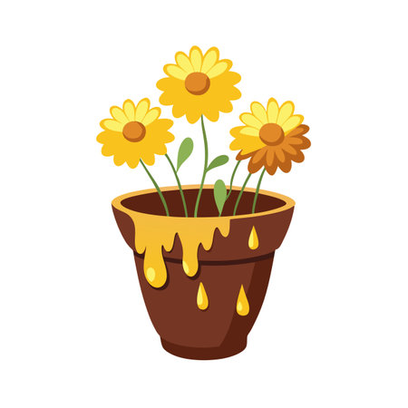 Cheerful Cartoon Flowers in a Dripping Pot, Garden Decor Vector Illustrationのイラスト素材