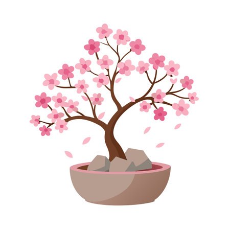 Elegant Pink Cherry Blossom Bonsai Tree in Pot - Japanese Spring Artのイラスト素材