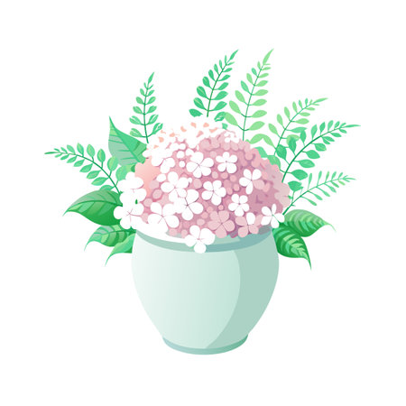 Elegant Light Pink Hydrangea Bouquet in Vase Illustration on White Backgroundのイラスト素材