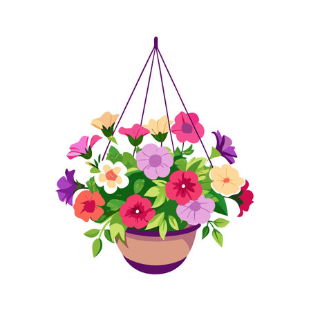 Colorful Hanging Flower Basket Illustration: Petunias and Leaves in a Potのイラスト素材