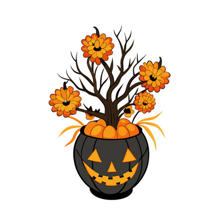 Halloween Pumpkin Pot with Flowers and Bare Tree Branches Illustrationのイラスト素材