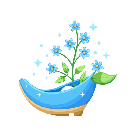 Blue Shoe Planter with Forget-Me-Not Flowers: Cute Springtime Illustrationのイラスト素材