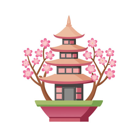 Japanese Pagoda with Cherry Blossoms Illustration on White Background, Asian Architectureのイラスト素材